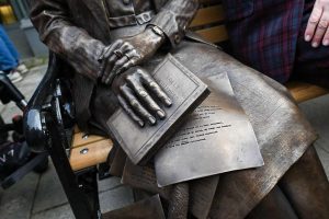 Close up photo of the STW statue, showing Sylvia's hands holding a copy of Lolly Willowes and a poem mauscript